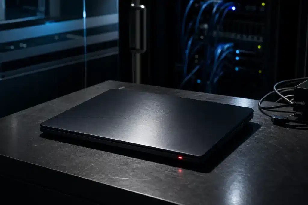 Binance Hack: Investigation Finds More Breach Points in $6.3B Theft 8 Closed laptop on a dark desk with server racks blurred behind it, illustrating a compromised workstation