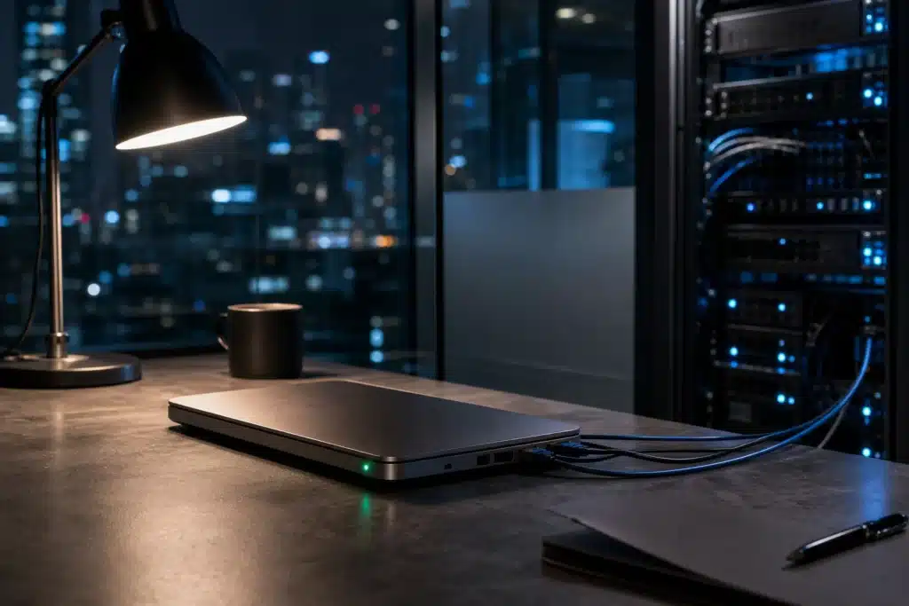 Laptop auf einem Bürotisch bei Nacht vor einem verglasten Serverraum