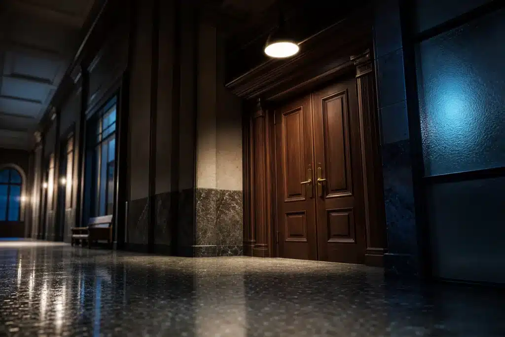 Crypto News Today: Bitwise Lifts BTC Target, Utah Charges Kalshi 9 Dimly lit courthouse corridor with a closed oak courtroom door at night
