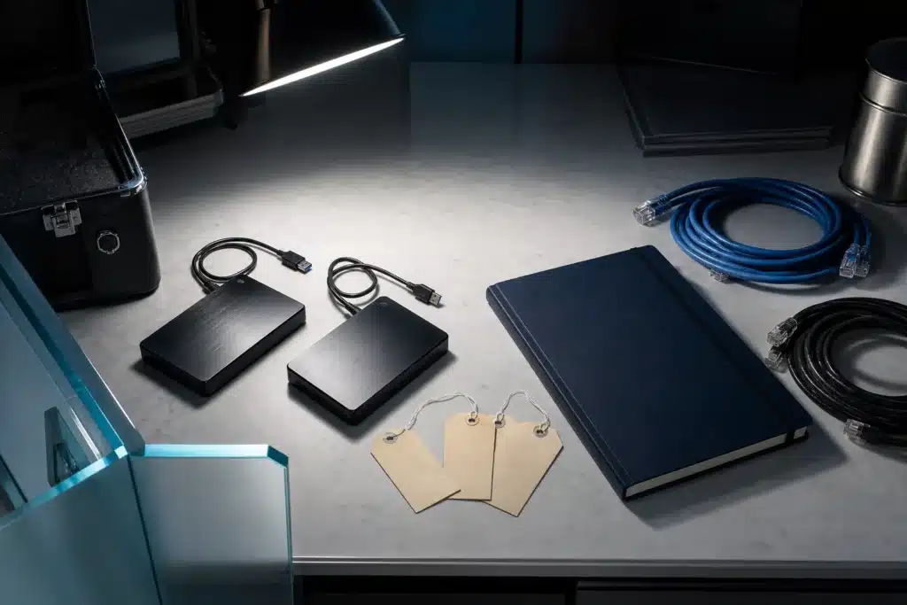 Disconnected drives and network cables on an empty digital investigation desk