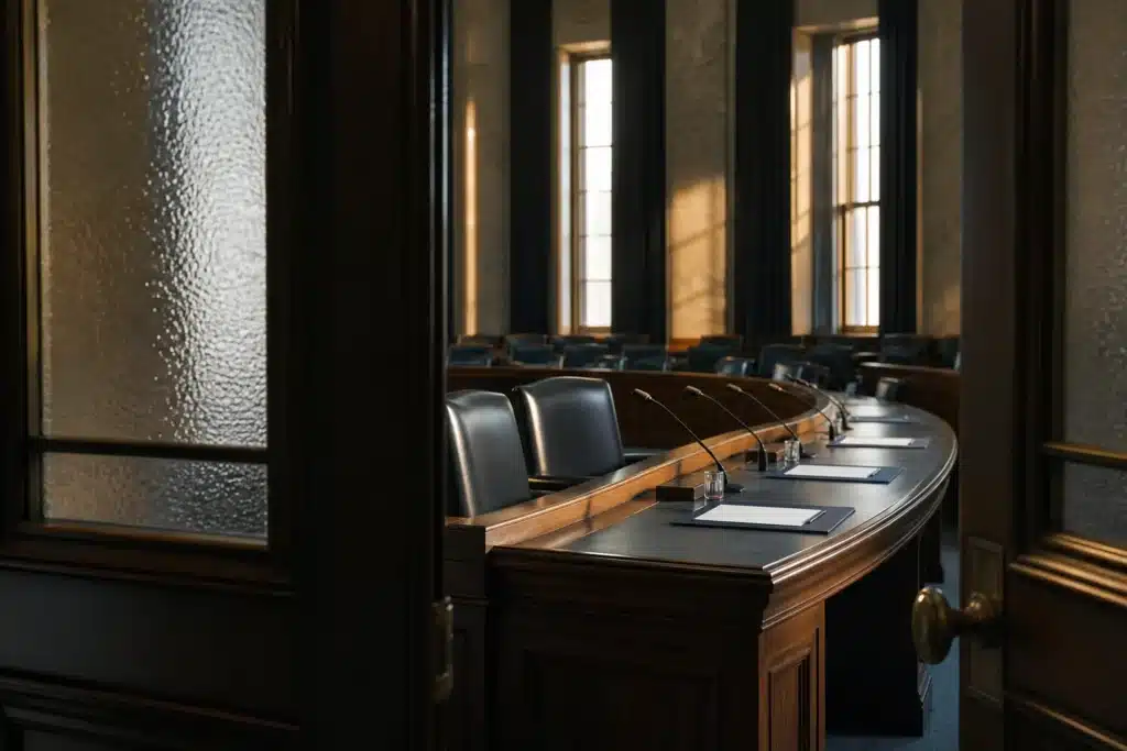 Binance hack draws Trump response as calls for crypto rules grow 9 Empty legislative hearing room with microphones and blank folders under afternoon light