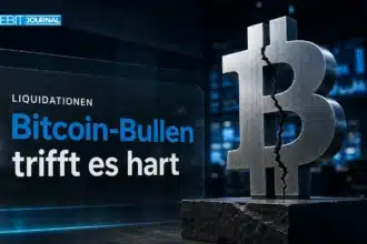 Gerissene Bitcoin-Skulptur aus Stahl als Symbol für Krypto Liquidationen bei Bitcoin-Long-Positionen