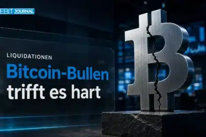 Gerissene Bitcoin-Skulptur aus Stahl als Symbol für Krypto Liquidationen bei Bitcoin-Long-Positionen