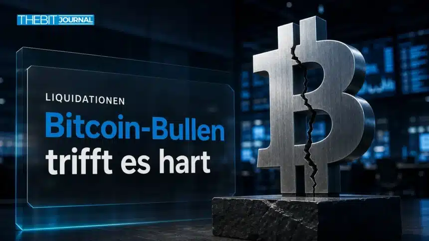 Krypto Liquidationen bei 1,49 Mrd. $: Bitcoin-Longs trifft es am härtesten 7 Gerissene Bitcoin-Skulptur aus Stahl als Symbol für Krypto Liquidationen bei Bitcoin-Long-Positionen