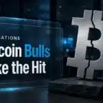 Cracked steel Bitcoin sculpture symbolising crypto liquidations hitting Bitcoin long positions