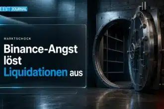 Offener Stahltresor im Halbdunkel als Symbol für Krypto Liquidationen nach der Angst vor einem Binance Hack