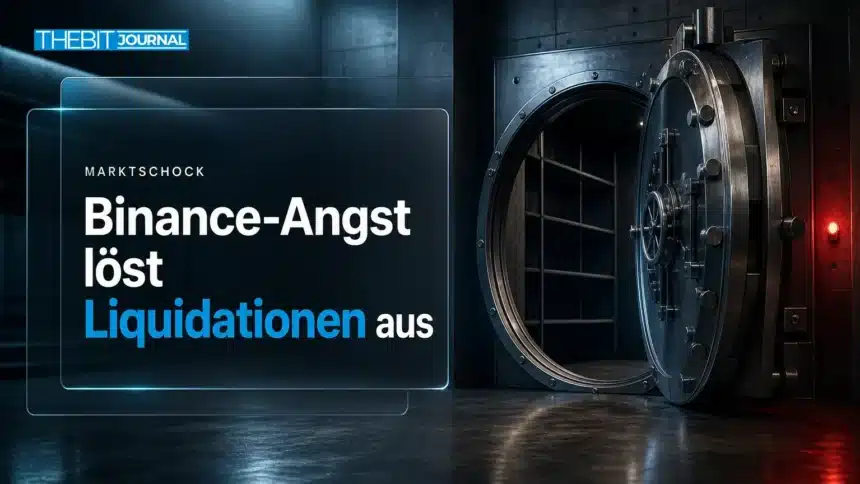 Binance-Hack-Angst: Krypto Liquidationen von 628 Mio. $ in einer Stunde 7 Offener Stahltresor im Halbdunkel als Symbol für Krypto Liquidationen nach der Angst vor einem Binance Hack