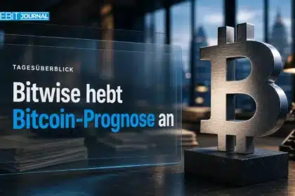 Krypto News heute: Bitcoin-Skulptur aus gebürstetem Metall in einer Redaktion bei Morgendämmerung