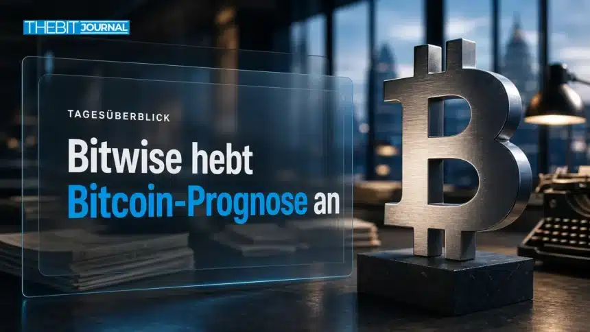 Krypto News heute: Bitwise hebt Bitcoin-Ziel an, Utah klagt Kalshi an 7 Krypto News heute: Bitcoin-Skulptur aus gebürstetem Metall in einer Redaktion bei Morgendämmerung