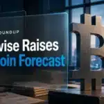 Crypto news today cover with a brushed-metal Bitcoin sculpture in a newsroom at dawn
