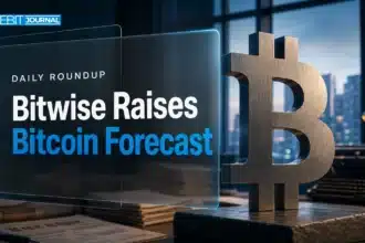 Crypto news today cover with a brushed-metal Bitcoin sculpture in a newsroom at dawn