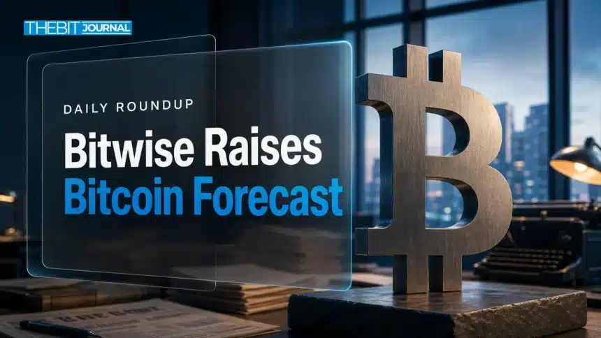 Crypto News Today: Bitwise Lifts BTC Target, Utah Charges Kalshi 7 Crypto news today cover with a brushed-metal Bitcoin sculpture in a newsroom at dawn