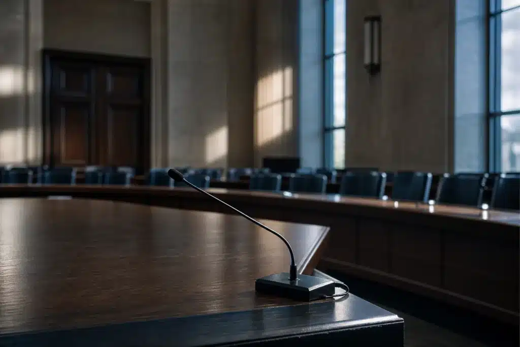Binance Hack: CFTC drängt auf US-Aufsicht für Kryptobörsen 9 Mikrofon an einem leeren Zeugentisch als Symbol für die Debatte über die Aufsicht von Kryptobörsen