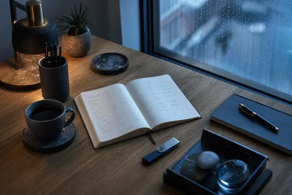 Is Ethereum a Good Investment in 2026? What the Data Shows 8 Desk with notebook, hardware wallet and coffee at dawn, representing personal crypto risk planning