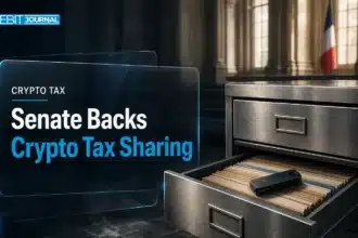 Steel archive drawer with a hardware wallet, illustrating the French Senate bill on crypto tax data sharing