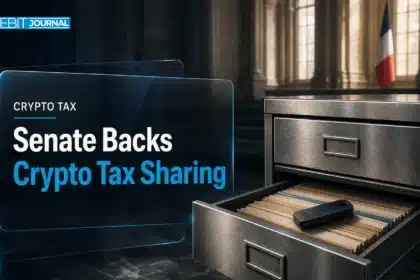 Steel archive drawer with a hardware wallet, illustrating the French Senate bill on crypto tax data sharing