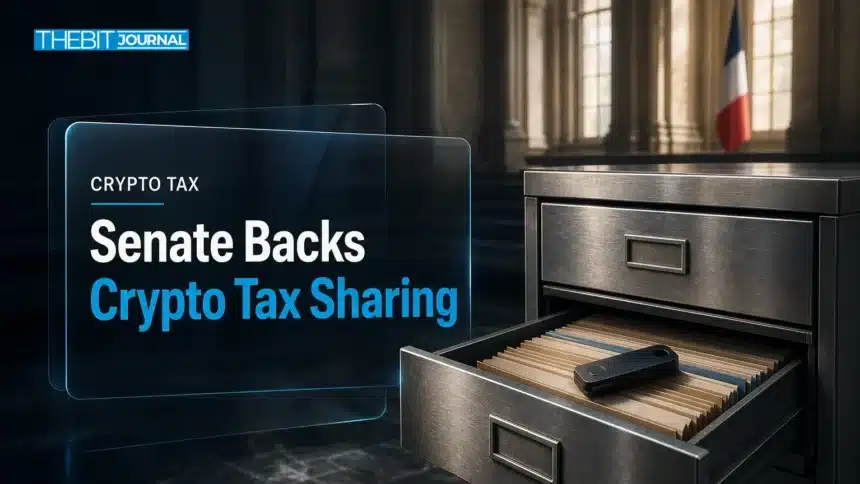 French Senate Backs Crypto Tax Data Sharing Bill Under OECD Rules 7 Steel archive drawer with a hardware wallet, illustrating the French Senate bill on crypto tax data sharing