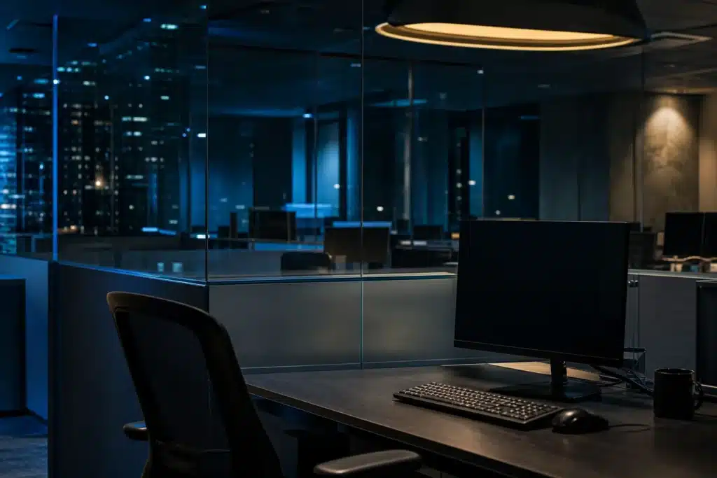 Empty trading workstation behind reflective glass in a nighttime office