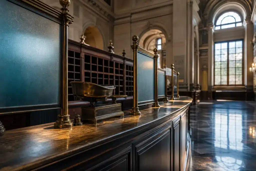 Vintage brass currency exchange counter in an empty bank hall lit by morning light