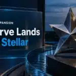 Steel star sculpture beside a curved glass channel illustrating the Curve Finance Stellar launch on mainnet