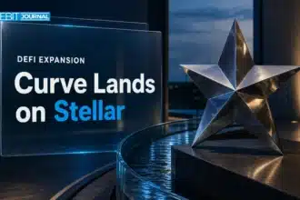 Steel star sculpture beside a curved glass channel illustrating the Curve Finance Stellar launch on mainnet