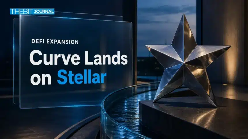 Steel star sculpture beside a curved glass channel illustrating the Curve Finance Stellar launch on mainnet