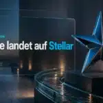 Stahlskulptur eines Sterns neben einem geschwungenen Glaskanal als Symbol für den Start von Curve Finance Stellar