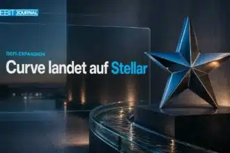 Stahlskulptur eines Sterns neben einem geschwungenen Glaskanal als Symbol für den Start von Curve Finance Stellar