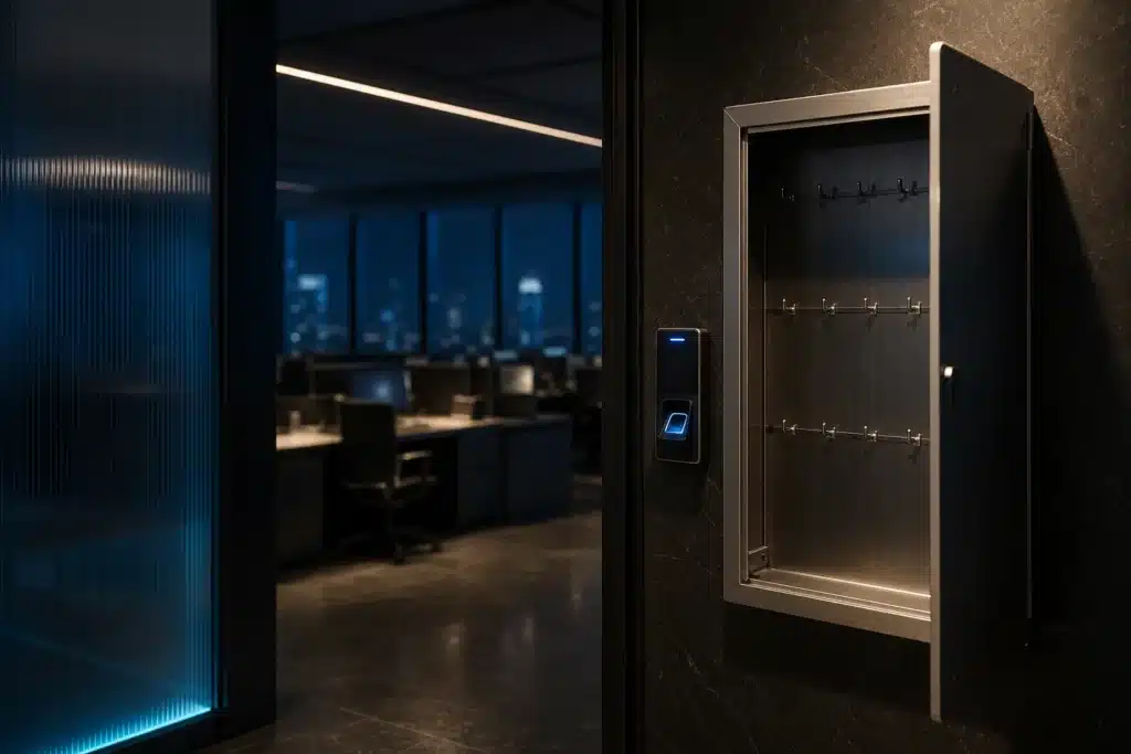 Empty operations room with a physical key cabinet and secured access terminal