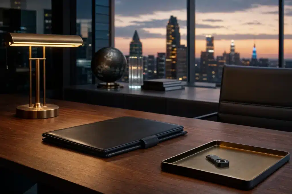 BitGo WisdomTree Deal Brings Tokenized Treasury Fund WTGXX to BitGo Mint 8 Institutional custody office desk with hardware security key and document folder at dusk