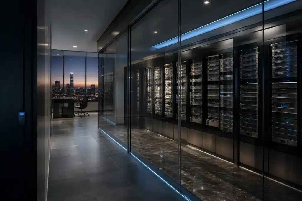 Empty digital asset custody operations room with secured hardware behind glass at dusk