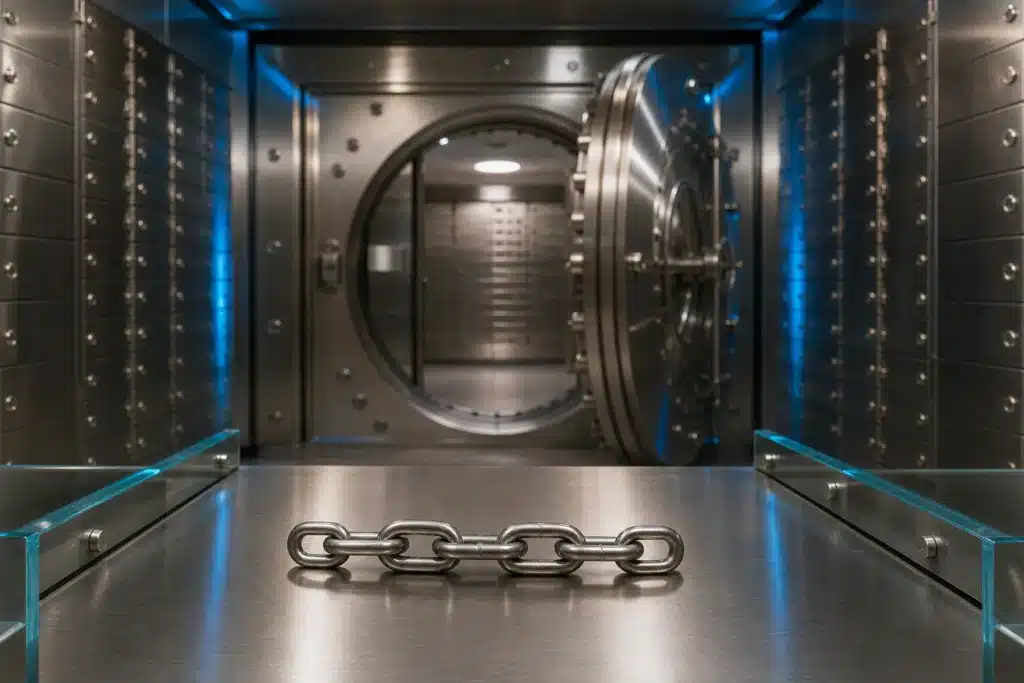 Chainlink Price Prediction 2026: LINK Scenarios, Key Levels and Risks 9 Bank custody vault with steel doors, illustrating institutional custody links to DeFi lending