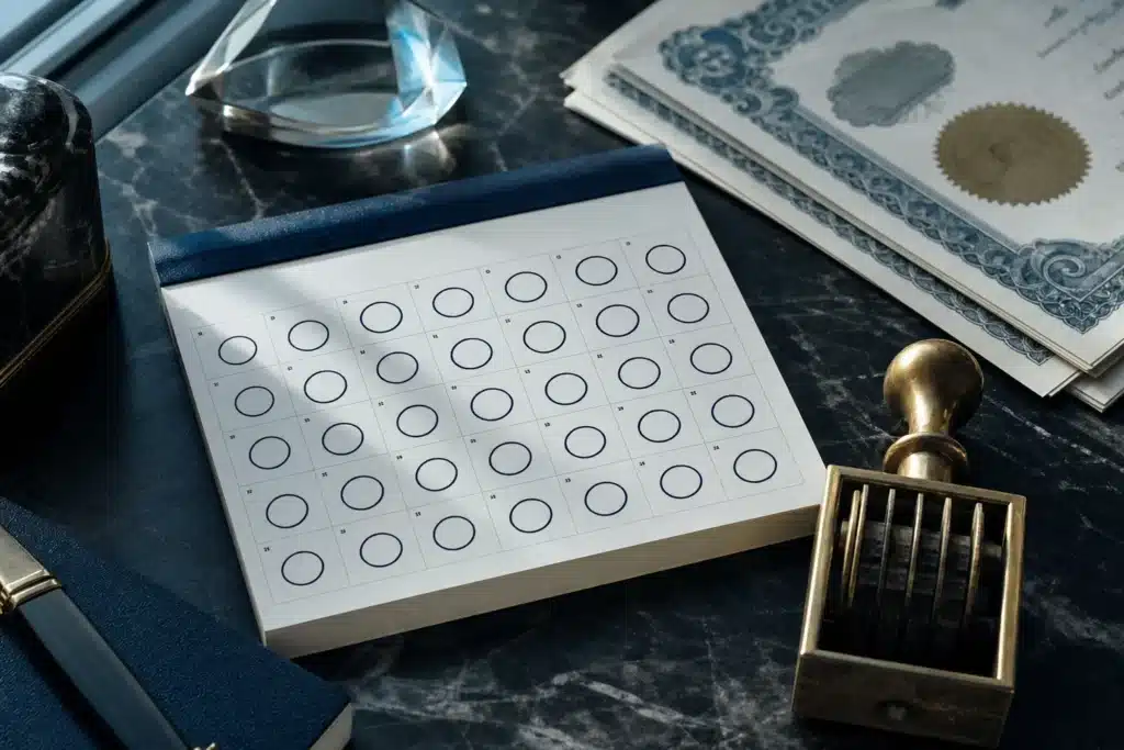 Strategy Daily Dividends Approved With 99.3% of Votes Cast 8 Desk calendar with every day circled beside a brass date stamp, illustrating daily record dates