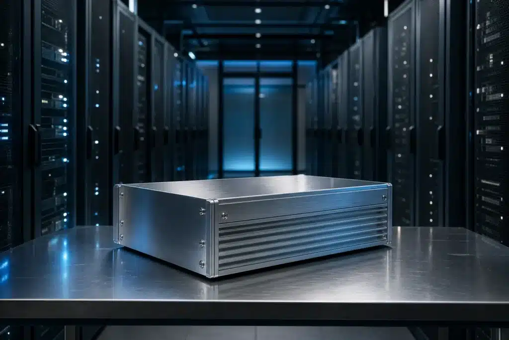 Night view of a data center aisle with a brushed aluminium case on a steel workbench
