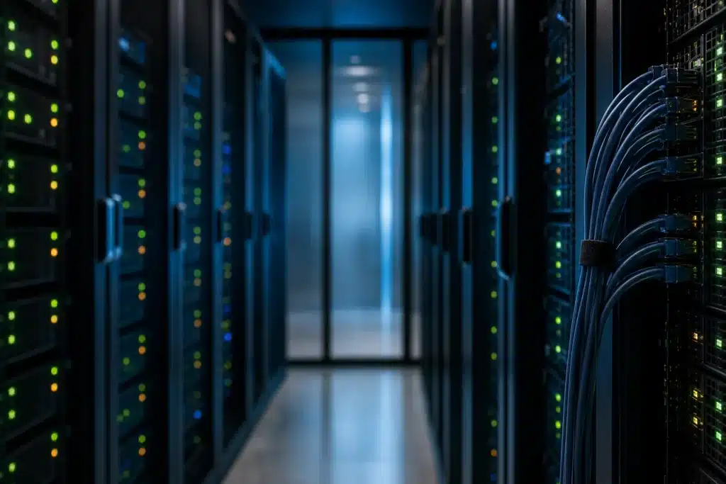 Data center server racks with indicator lights representing autonomous trading software