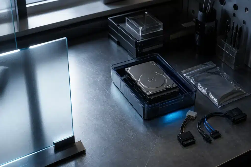 Illustrative server drive and cable adapters on an unoccupied digital forensics workbench