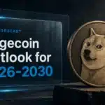 Bronze Dogecoin medallion on a slate pedestal illustrating a Dogecoin price prediction 2026-2030