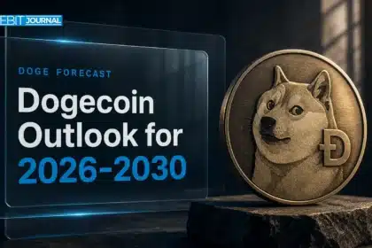 Bronze Dogecoin medallion on a slate pedestal illustrating a Dogecoin price prediction 2026-2030