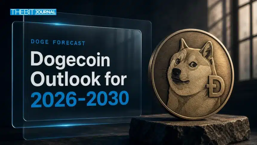 Dogecoin Price Prediction 2026-2030: DOGE Scenarios, Drivers and Risks 7 Bronze Dogecoin medallion on a slate pedestal illustrating a Dogecoin price prediction 2026-2030