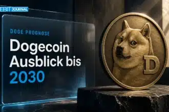 Bronzemedaille mit Dogecoin-Motiv auf einem Schiefersockel als Symbol für die Dogecoin Prognose 2030