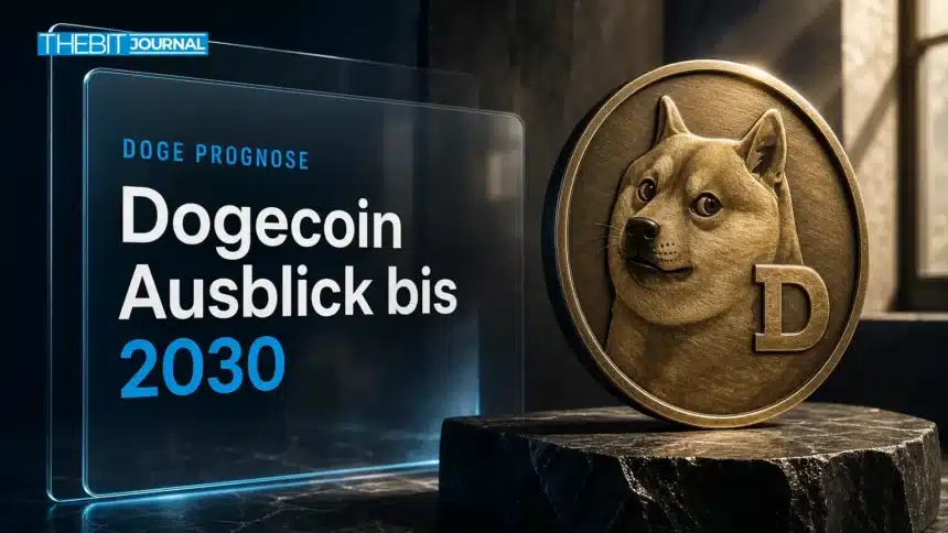 Dogecoin Prognose 2030: DOGE-Szenarien ab 2026, Kurstreiber und Risiken 7 Bronzemedaille mit Dogecoin-Motiv auf einem Schiefersockel als Symbol für die Dogecoin Prognose 2030