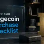 Conceptual illustration for researching how to buy Dogecoin, showing a brass DOGE symbol beside a wallet case
