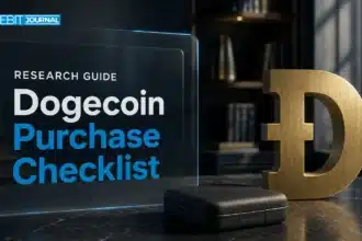 Conceptual illustration for researching how to buy Dogecoin, showing a brass DOGE symbol beside a wallet case