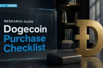 Conceptual illustration for researching how to buy Dogecoin, showing a brass DOGE symbol beside a wallet case
