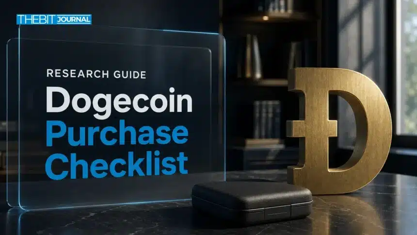 Conceptual illustration for researching how to buy Dogecoin, showing a brass DOGE symbol beside a wallet case