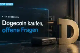 Dogecoin kaufen: D-Symbol aus Messing neben einem geschlossenen Hardware-Wallet-Etui