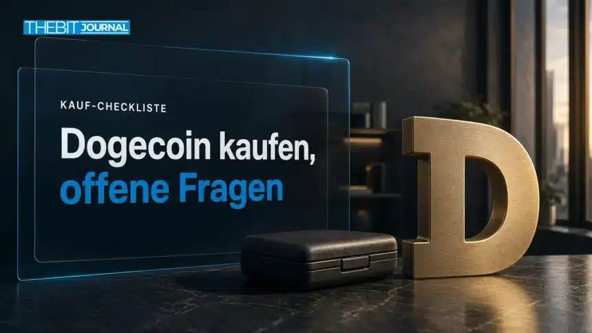 Dogecoin kaufen: Fragen vor dem Kauf 7 Dogecoin kaufen: D-Symbol aus Messing neben einem geschlossenen Hardware-Wallet-Etui