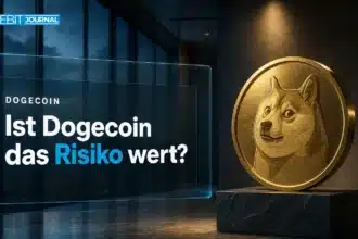 Goldene Dogecoin-Skulptur auf Schiefersockel zur Frage: Lohnt sich Dogecoin 2026?