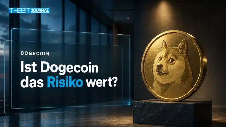 Goldene Dogecoin-Skulptur auf Schiefersockel zur Frage: Lohnt sich Dogecoin 2026?