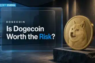 Gold Dogecoin sculpture on a slate plinth illustrating the question is Dogecoin a good investment in 2026